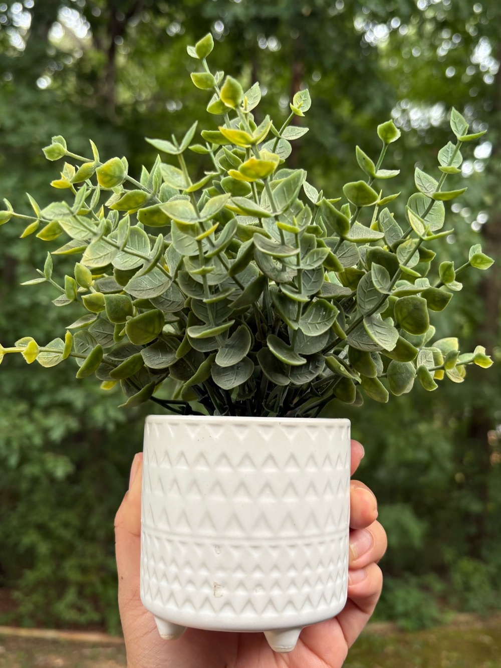 White Ceramic Footed Planter with Green Faux Eucalyptus